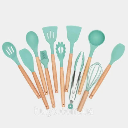 Набір кухонного приладдя, 19 предметів Kitchen Set, Бірюзовий / Силіконовий набір для кухні