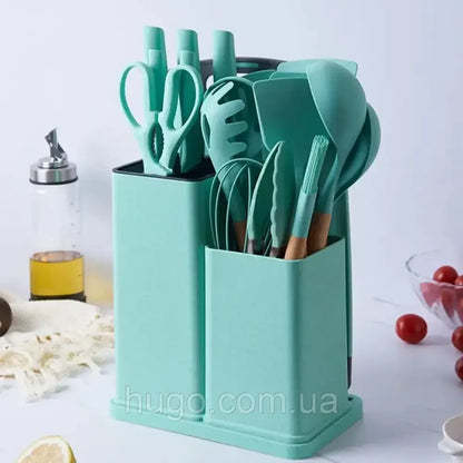 Набір кухонного приладдя, 19 предметів Kitchen Set, Бірюзовий / Силіконовий набір для кухні