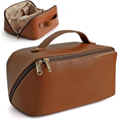 Косметичка з повним доступом з екошкіри (23,5х13х13 см), Коричневий / Дорожня жіноча сумка-косметичка