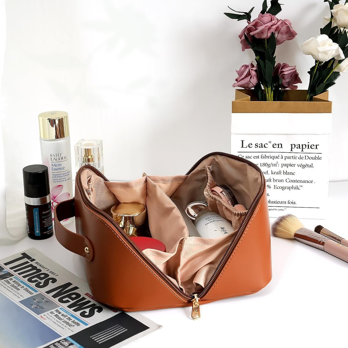 Косметичка з повним доступом з екошкіри (23,5х13х13 см), Коричневий / Дорожня жіноча сумка-косметичка
