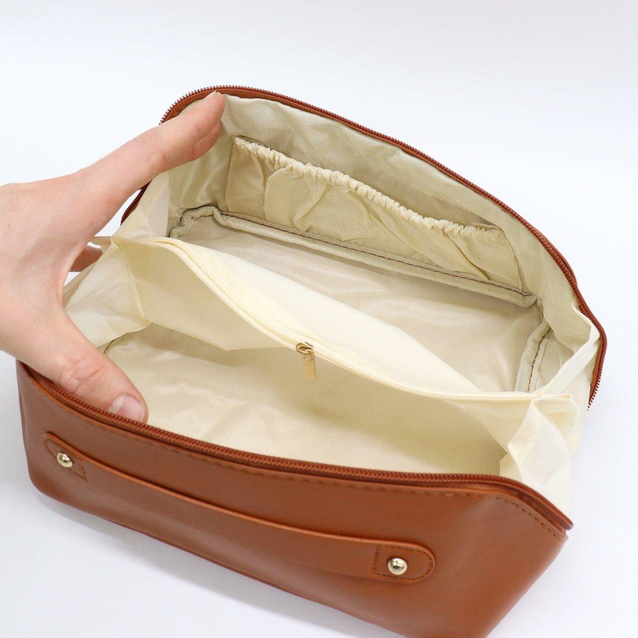 Косметичка з повним доступом з екошкіри (23,5х13х13 см), Коричневий / Дорожня жіноча сумка-косметичка