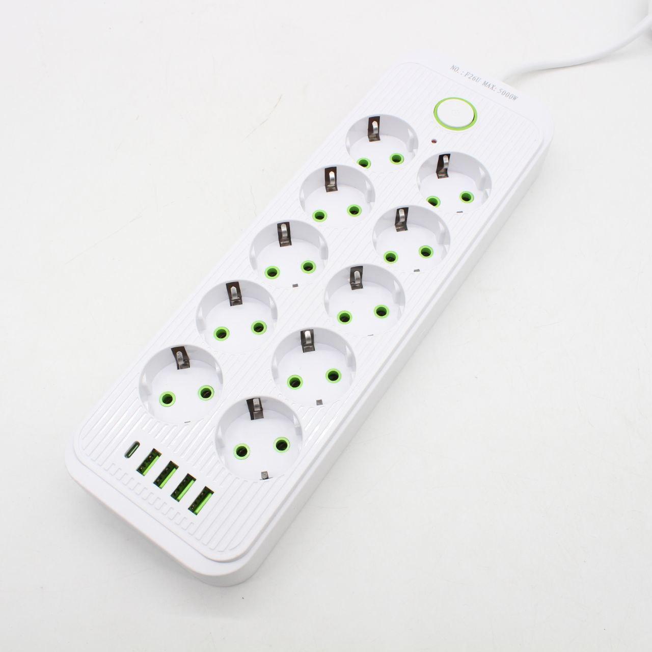 Мережевий фільтр-подовжувач 5м, 10 розеток 220В+4 USB+1 Type-C, Тк-15, Білий / Подовжувач з вимикачем / Мережевий фільтр