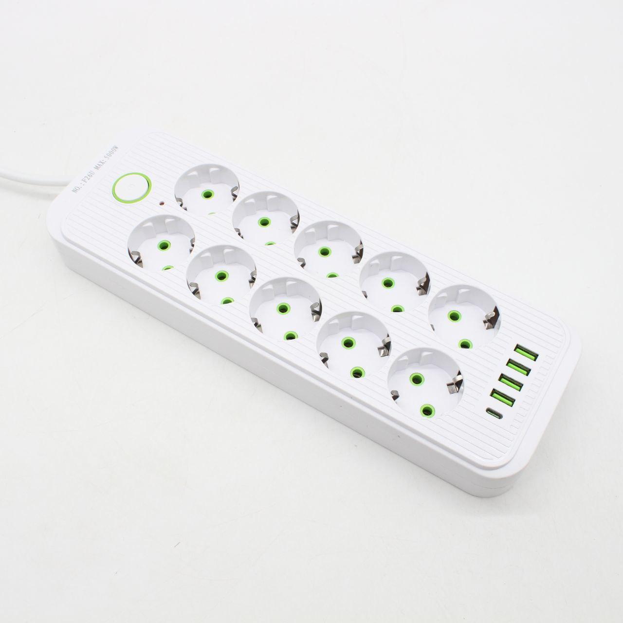 Мережевий фільтр-подовжувач 5м, 10 розеток 220В+4 USB+1 Type-C, Тк-15, Білий / Подовжувач з вимикачем / Мережевий фільтр