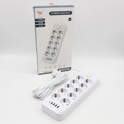 Мережевий фільтр-подовжувач 5м, 10 розеток 220В+4 USB+1 Type-C, Тк-15, Білий / Подовжувач з вимикачем / Мережевий фільтр