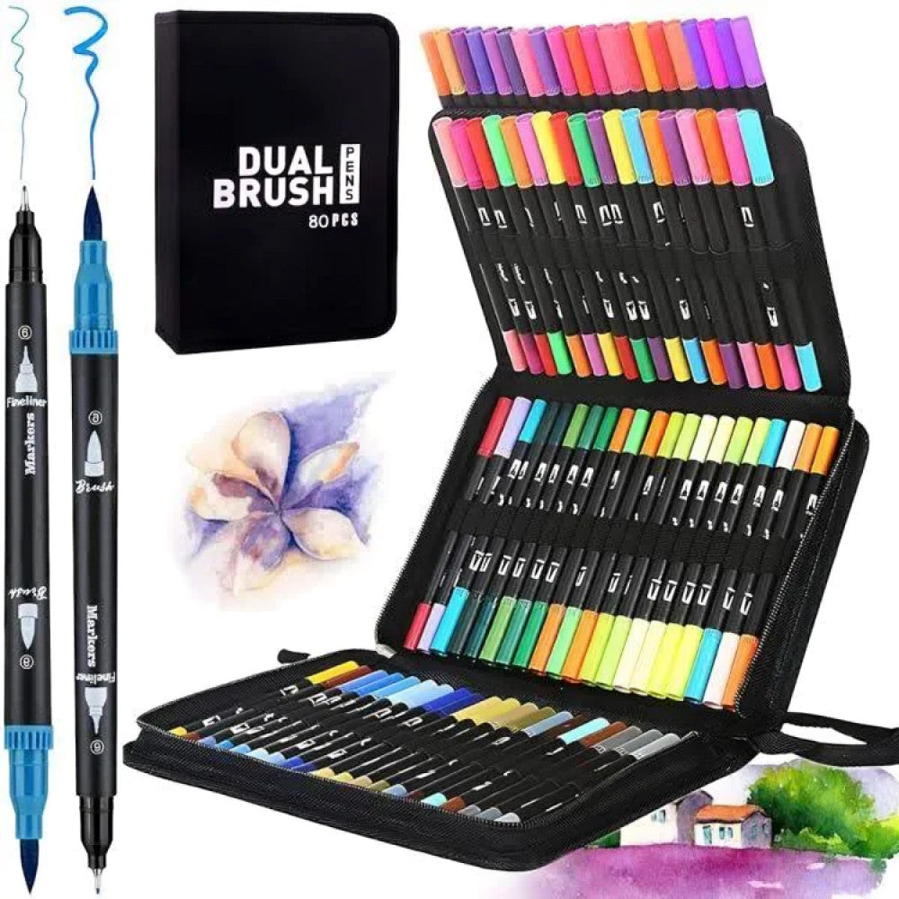 Акварельні маркери двосторонні 80шт з сумкою, Color pencil / Набір для малювання / Маркери для малювання