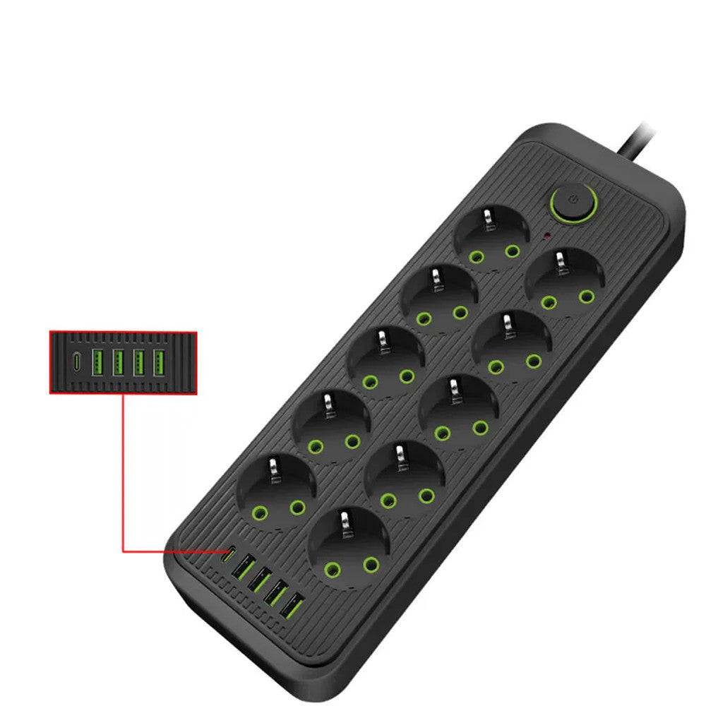 Мережевий фільтр-подовжувач 5м, 10 розеток 220В+4 USB+Type-C, Тк-16, Чорний / Подовжувач з вимикачем / Мережевий фільтр