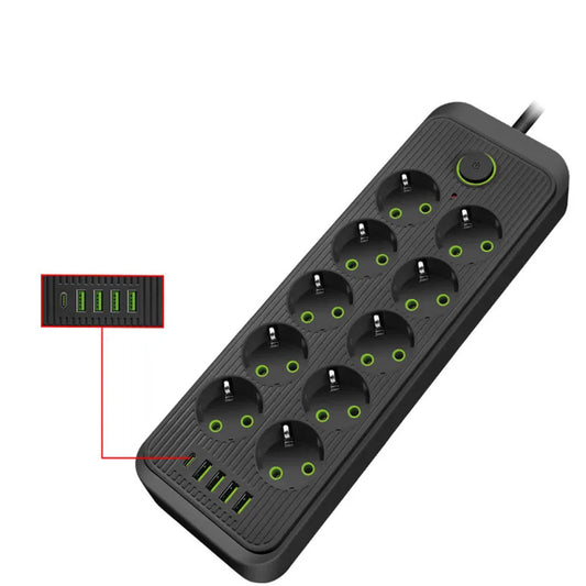 Мережевий фільтр-подовжувач 5м, 10 розеток 220В+4 USB+Type-C, Тк-16, Чорний / Подовжувач з вимикачем / Мережевий фільтр