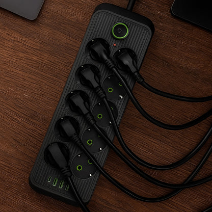 Мережевий фільтр-подовжувач 5м, 10 розеток 220В+4 USB+Type-C, Тк-16, Чорний / Подовжувач з вимикачем / Мережевий фільтр
