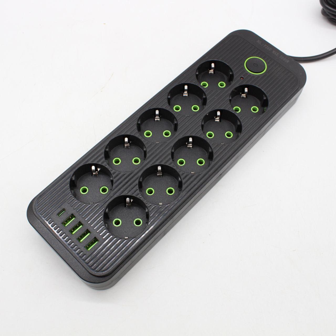 Мережевий фільтр-подовжувач 5м, 10 розеток 220В+4 USB+Type-C, Тк-16, Чорний / Подовжувач з вимикачем / Мережевий фільтр