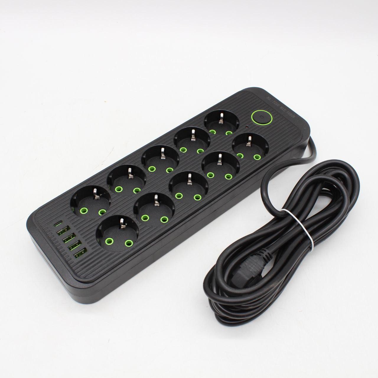 Мережевий фільтр-подовжувач 5м, 10 розеток 220В+4 USB+Type-C, Тк-16, Чорний / Подовжувач з вимикачем / Мережевий фільтр