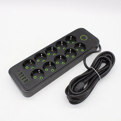 Мережевий фільтр-подовжувач 5м, 10 розеток 220В+4 USB+Type-C, Тк-16, Чорний / Подовжувач з вимикачем / Мережевий фільтр