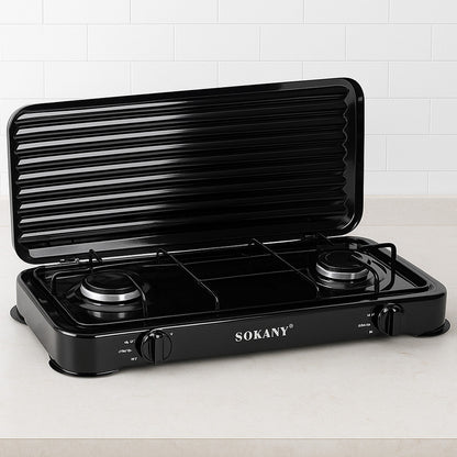 Газова плита 2-х конфоркова з кришкою SGS-6002, 4,4 кВт, чорна / Настільна двоконфоркова плита
