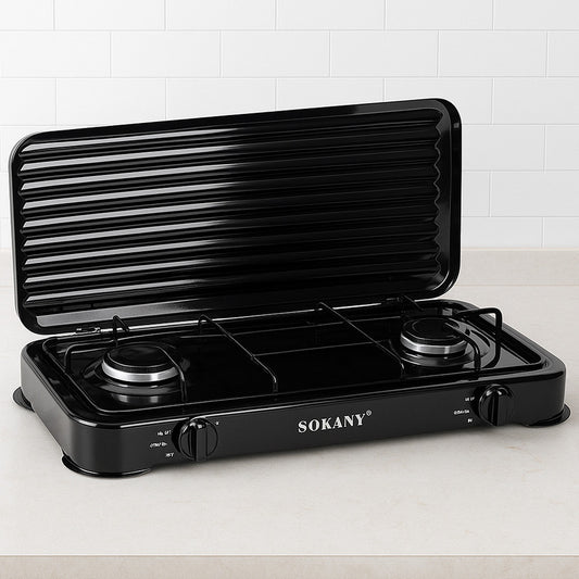 Газова плита 2-х конфоркова з кришкою SGS-6002, 4,4 кВт, чорна / Настільна двоконфоркова плита