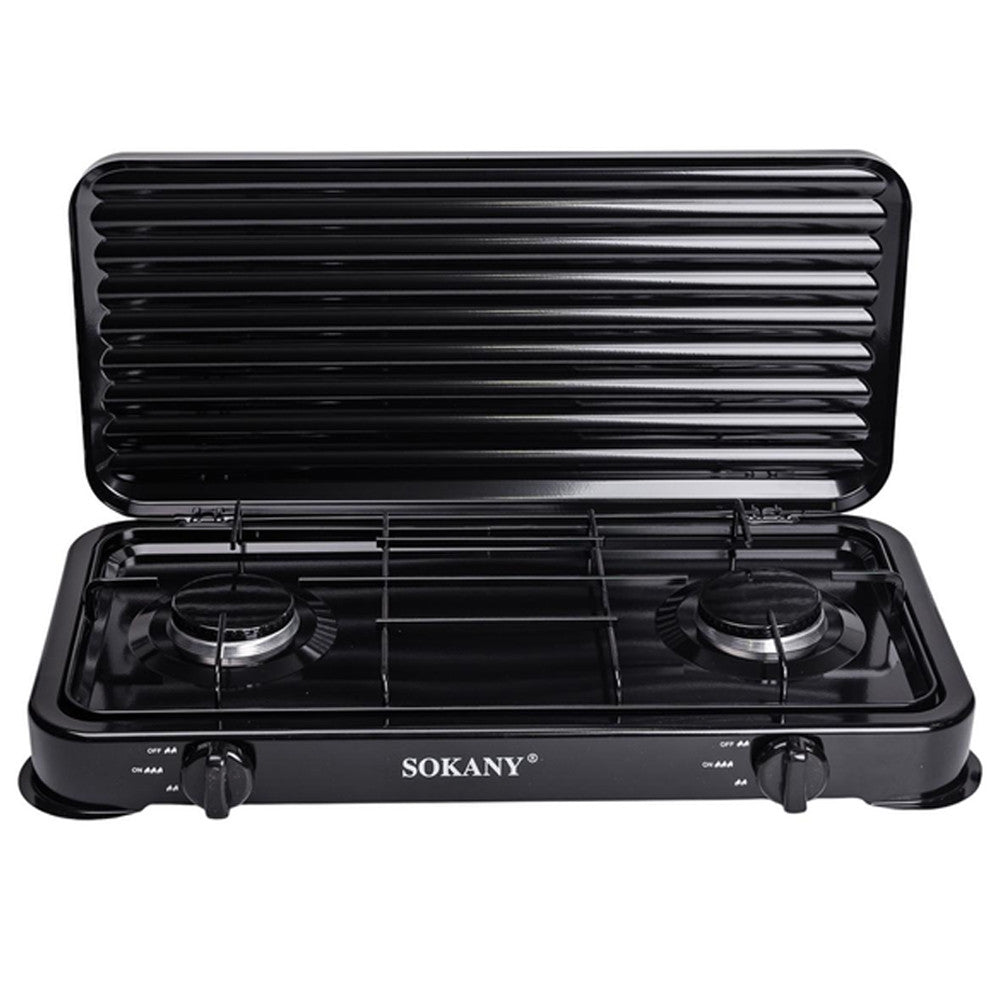 Газова плита 2-х конфоркова з кришкою SGS-6002, 4,4 кВт, чорна / Настільна двоконфоркова плита