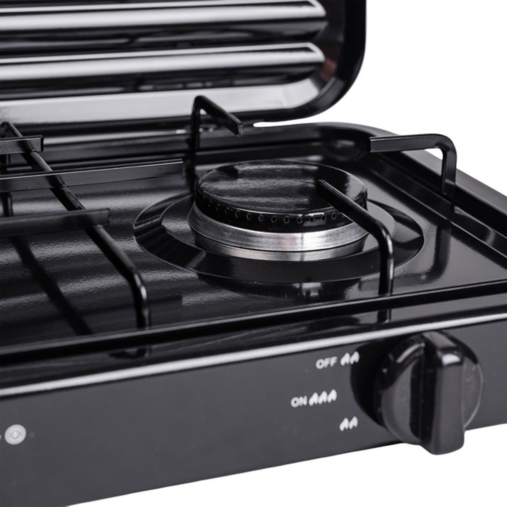 Газова плита 2-х конфоркова з кришкою SGS-6002, 4,4 кВт, чорна / Настільна двоконфоркова плита