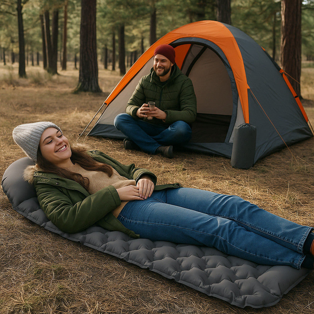 Надувний каремат з подушкою та вбудованим насосом, 225х70см, Сірий / Туристичний каремат / Килимок надувний