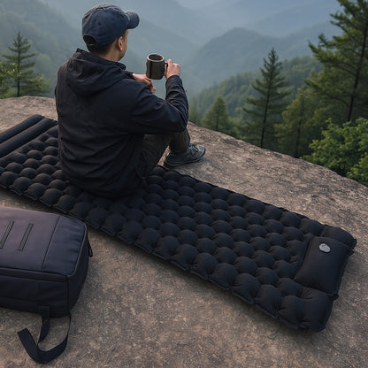 Надувний каремат з подушкою та вбудованим насосом, 225х70см, Чорний / Туристичний каремат / Надувний килимок