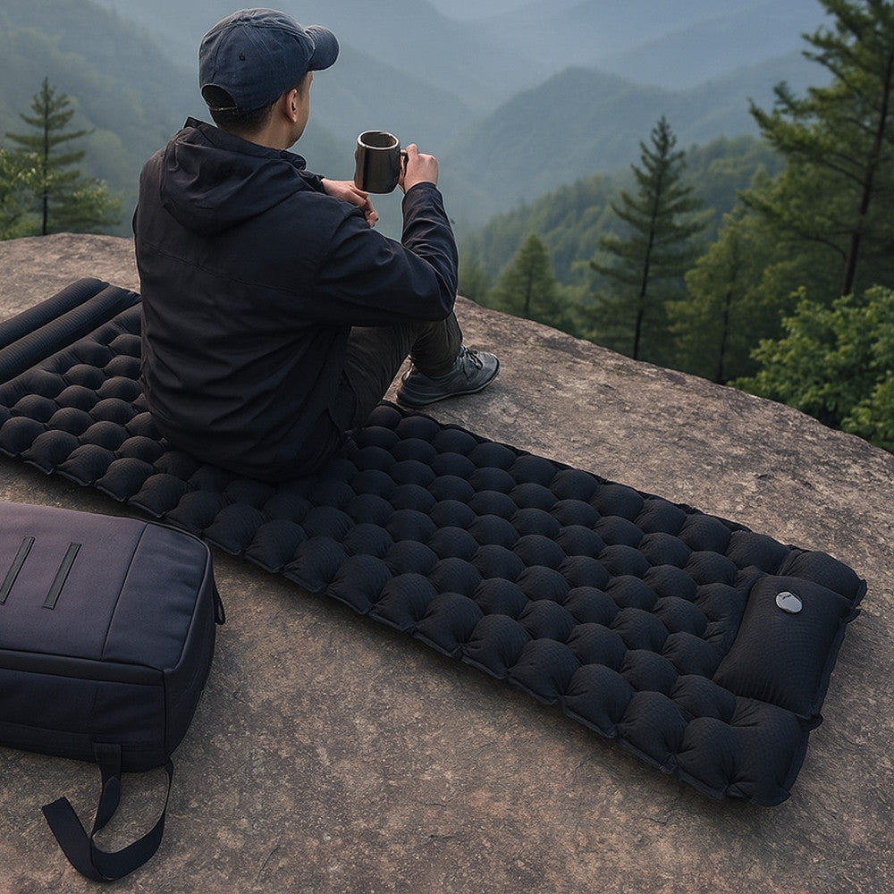 Надувний каремат з подушкою та вбудованим насосом, 225х70см, Чорний / Туристичний каремат / Надувний килимок