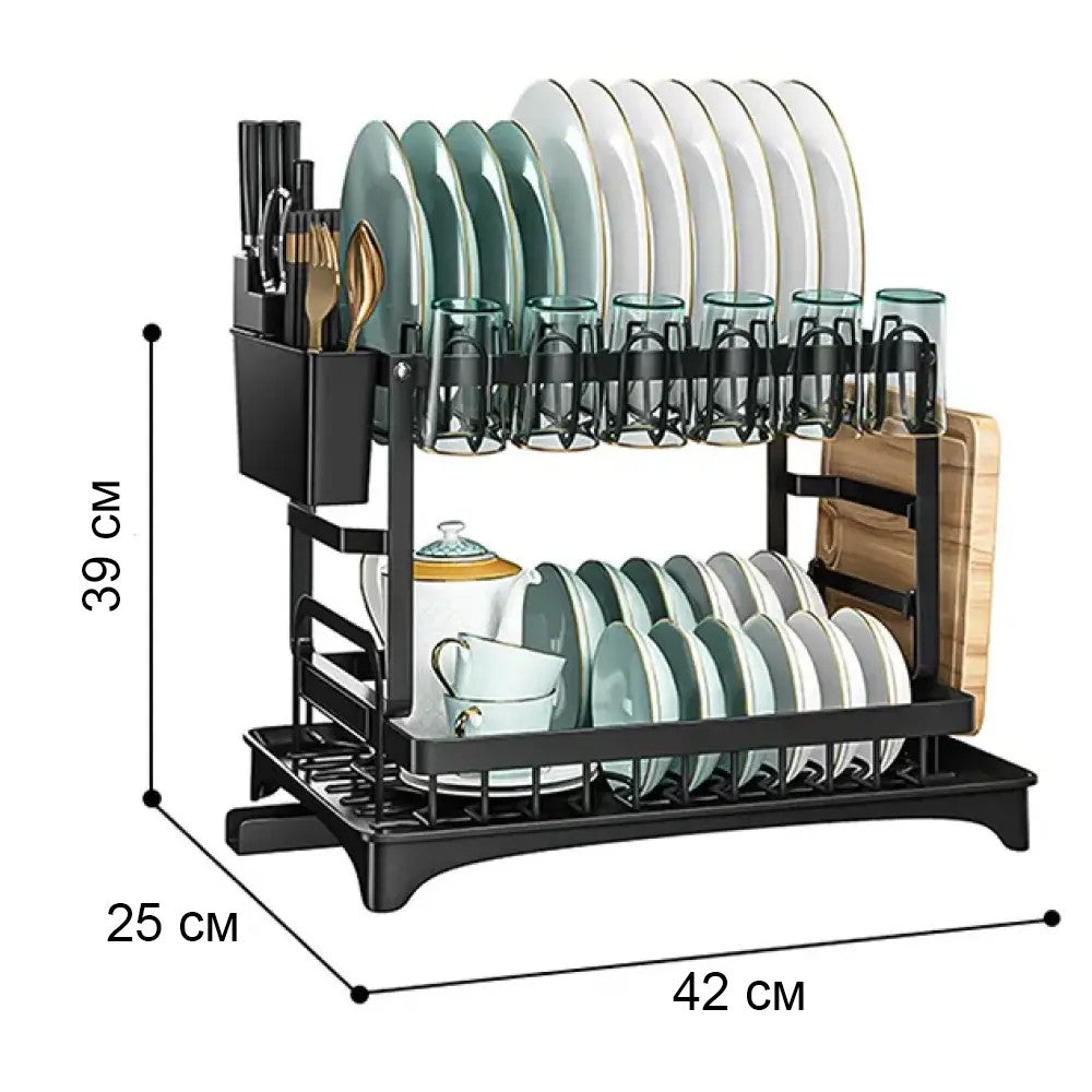 Двоярусна сушка для посуду 42x25x39 см, A19, Чорний / Настільна сушарка для посуду / Органайзер для посуду