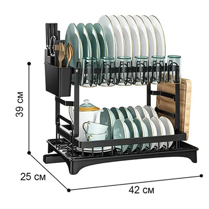 Двоярусна сушка для посуду 42x25x39 см, A19, Чорний / Настільна сушарка для посуду / Органайзер для посуду