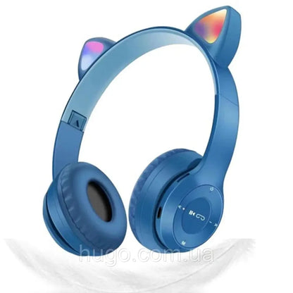 Бездротові Bluetooth навушники з котячими вушками та підсвічуванням Cat Miu Star P47 Сині / Дитячі навушники