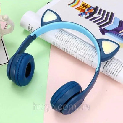 Бездротові Bluetooth навушники з котячими вушками та підсвічуванням Cat Miu Star P47 Сині / Дитячі навушники