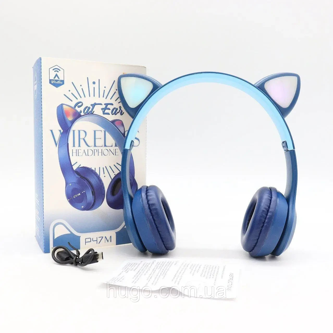 Бездротові Bluetooth навушники з котячими вушками та підсвічуванням Cat Miu Star P47 Сині / Дитячі навушники