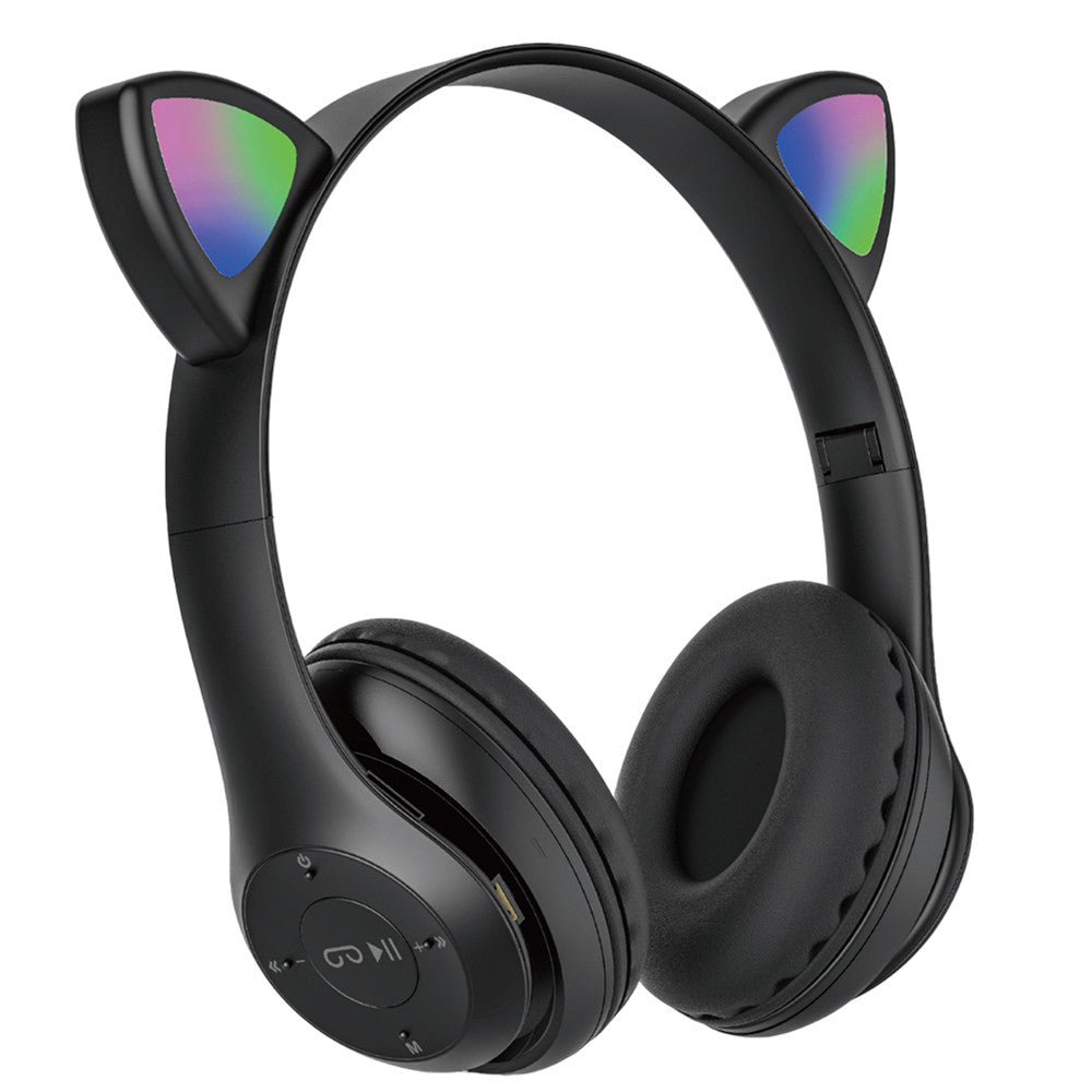 Бездротові Bluetooth навушники з котячими вушками та підсвічуванням Cat Miu Star P47 Чорний / Дитячі навушники