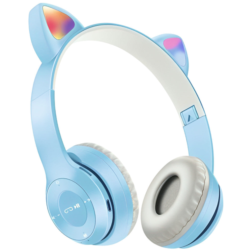 Бездротові Bluetooth навушники з котячими вушками та підсвічуванням Cat Miu Star P47 Блакитний / Дитячі навушники