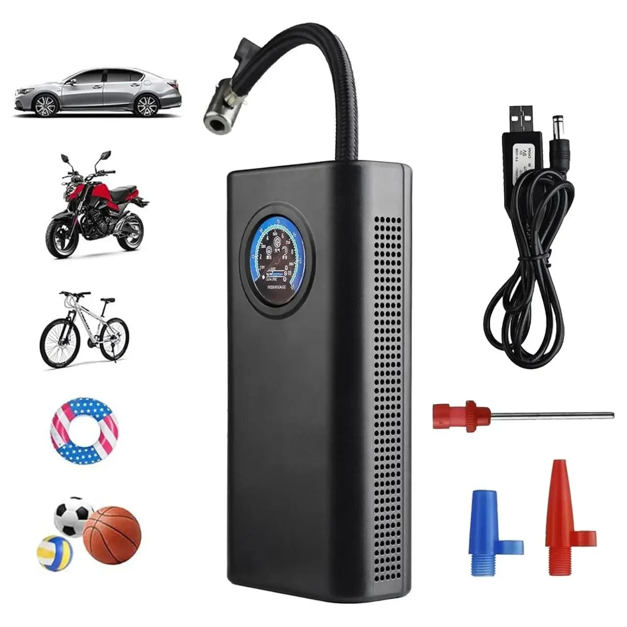 Автокомпресор із ліхтариком + 3 насадки, 35 л/хв, CQB002 / Автомобільний компресор для підкачування шин