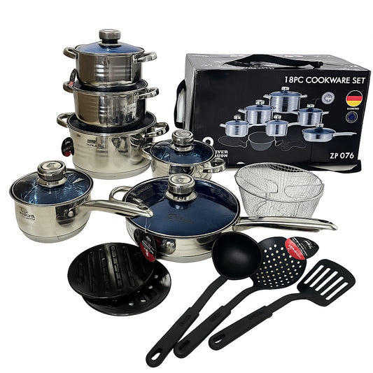 Набір посуду з нержавіючої сталі Zep Line ZP-076, 18 предметів / Кухонний набір каструль зі сковородою
