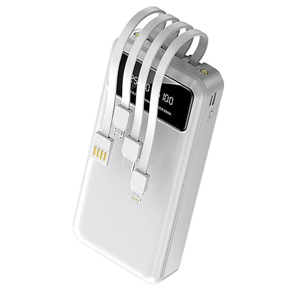 Повербанк 30000мАч з ліхтариком + 4 кабелі, Білий / Powerbank / Павербанк / Зовнішній акумулятор / УМБ