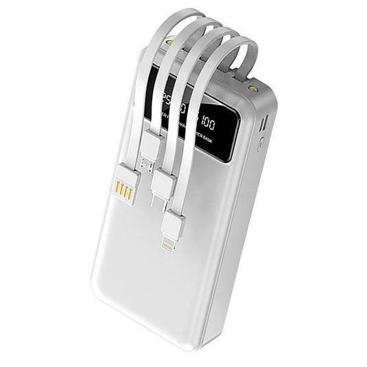 Повербанк 30000мАч з ліхтариком + 4 кабелі, Білий / Powerbank / Павербанк / Зовнішній акумулятор / УМБ