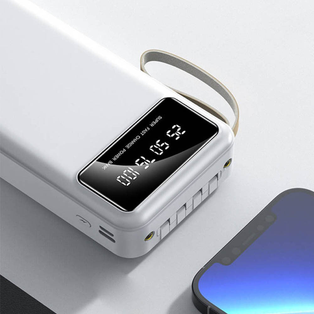 Повербанк 30000мАч з ліхтариком + 4 кабелі, Білий / Powerbank / Павербанк / Зовнішній акумулятор / УМБ