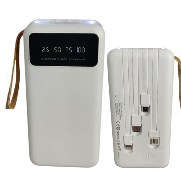 Повербанк 30000мАч з ліхтариком + 4 кабелі, Білий / Powerbank / Павербанк / Зовнішній акумулятор / УМБ