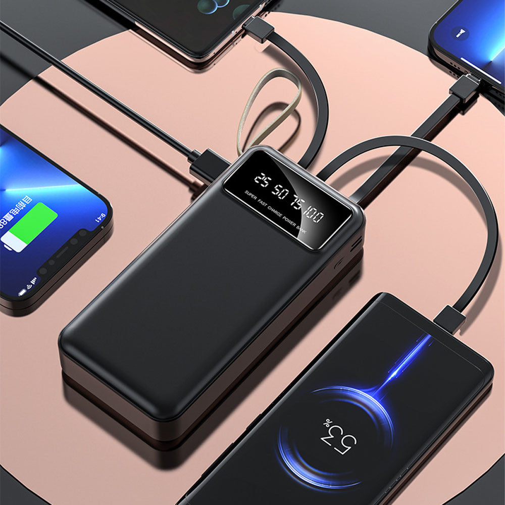 Повербанк 30000мАч з ліхтариком + 4 кабелі, Чорний / Powerbank / Павербанк / Зовнішній акумулятор / УМБ