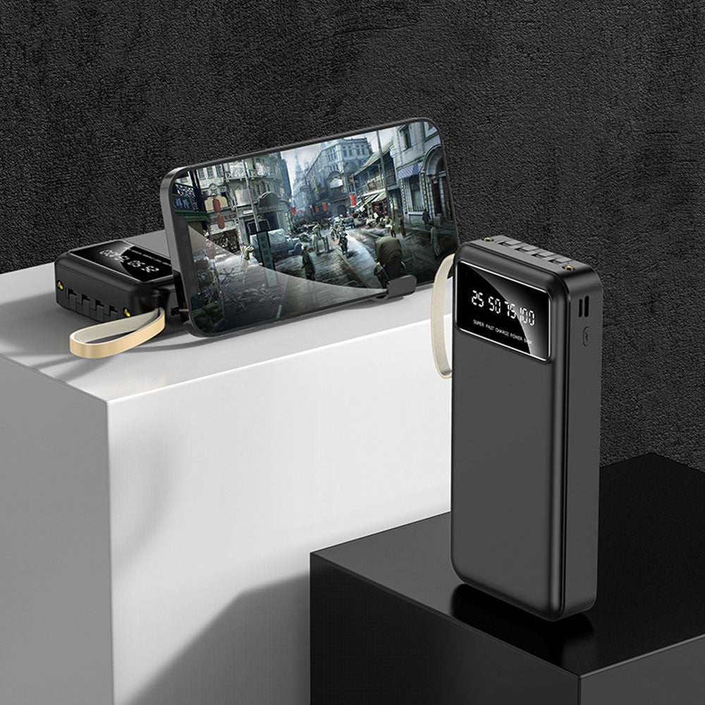 Повербанк 30000мАч з ліхтариком + 4 кабелі, Чорний / Powerbank / Павербанк / Зовнішній акумулятор / УМБ