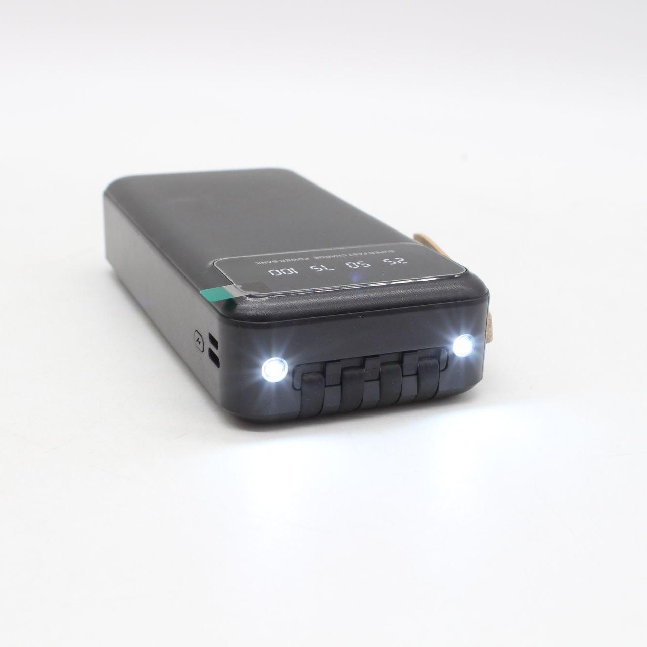 Повербанк 30000мАч з ліхтариком + 4 кабелі, Чорний / Powerbank / Павербанк / Зовнішній акумулятор / УМБ