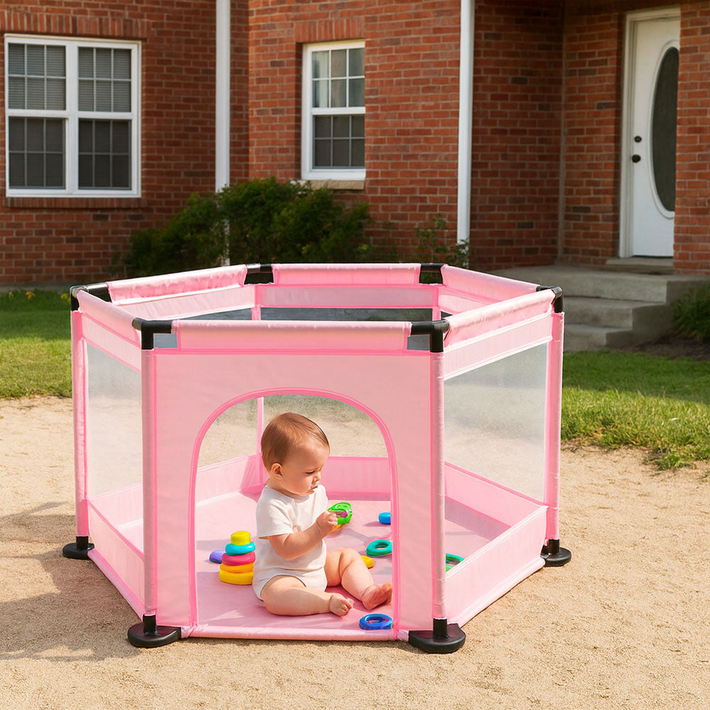 Дитячий складний манеж з сіткою, Рожевий / Інтерактивний манеж для дітей / Манеж-ігровий майданчик