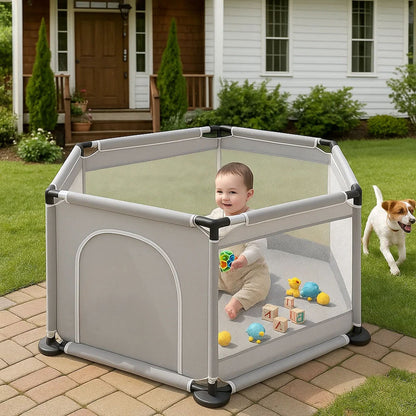 Дитячий складний манеж з сіткою, Сірий / Інтерактивний манеж для дітей / Манеж-ігровий майданчик