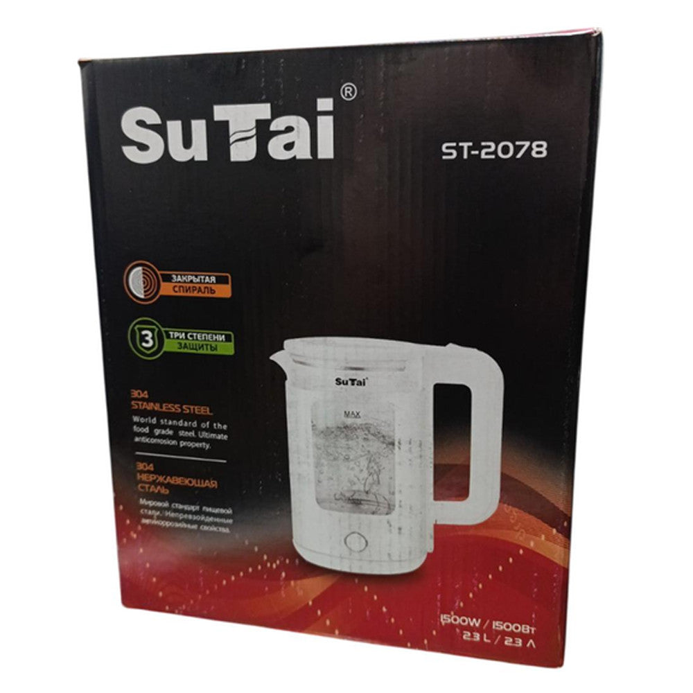 Скляний електрочайник з підсвічуванням, 2.3л, 1500Вт, Su Tai ST-2078, Білий / Електричний чайник дисковий