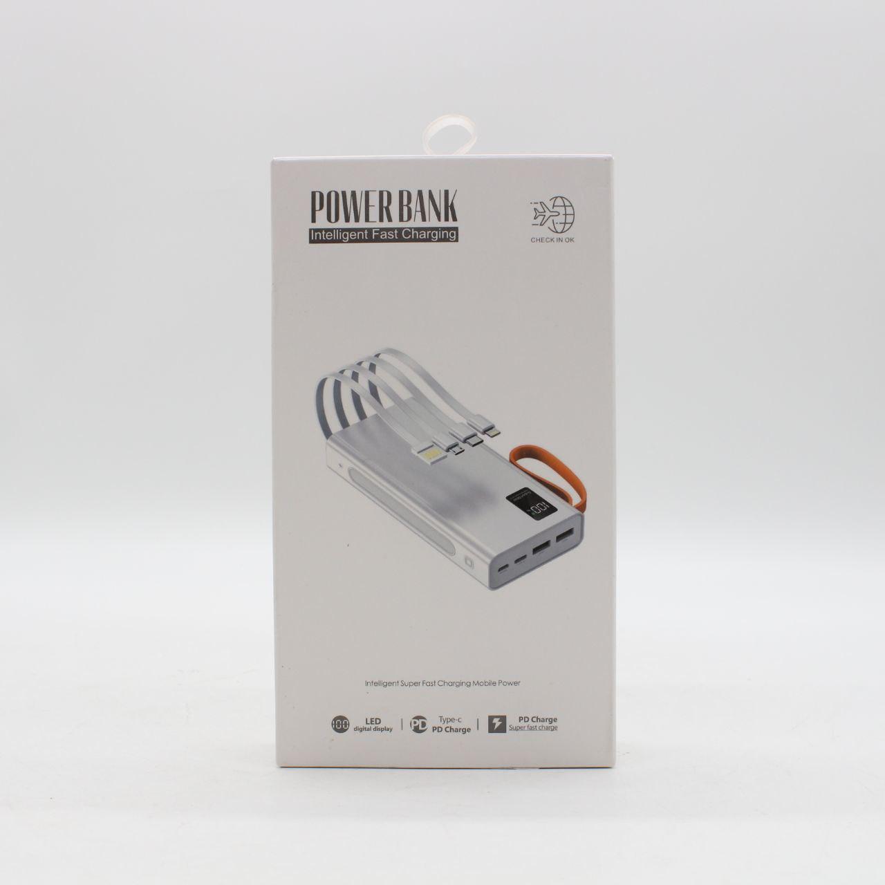 Повербанк на 20000 mAh + 4 кабелі, 2хUSB, Білий / PowerBank з ліхтариком / Павербанк для телефону