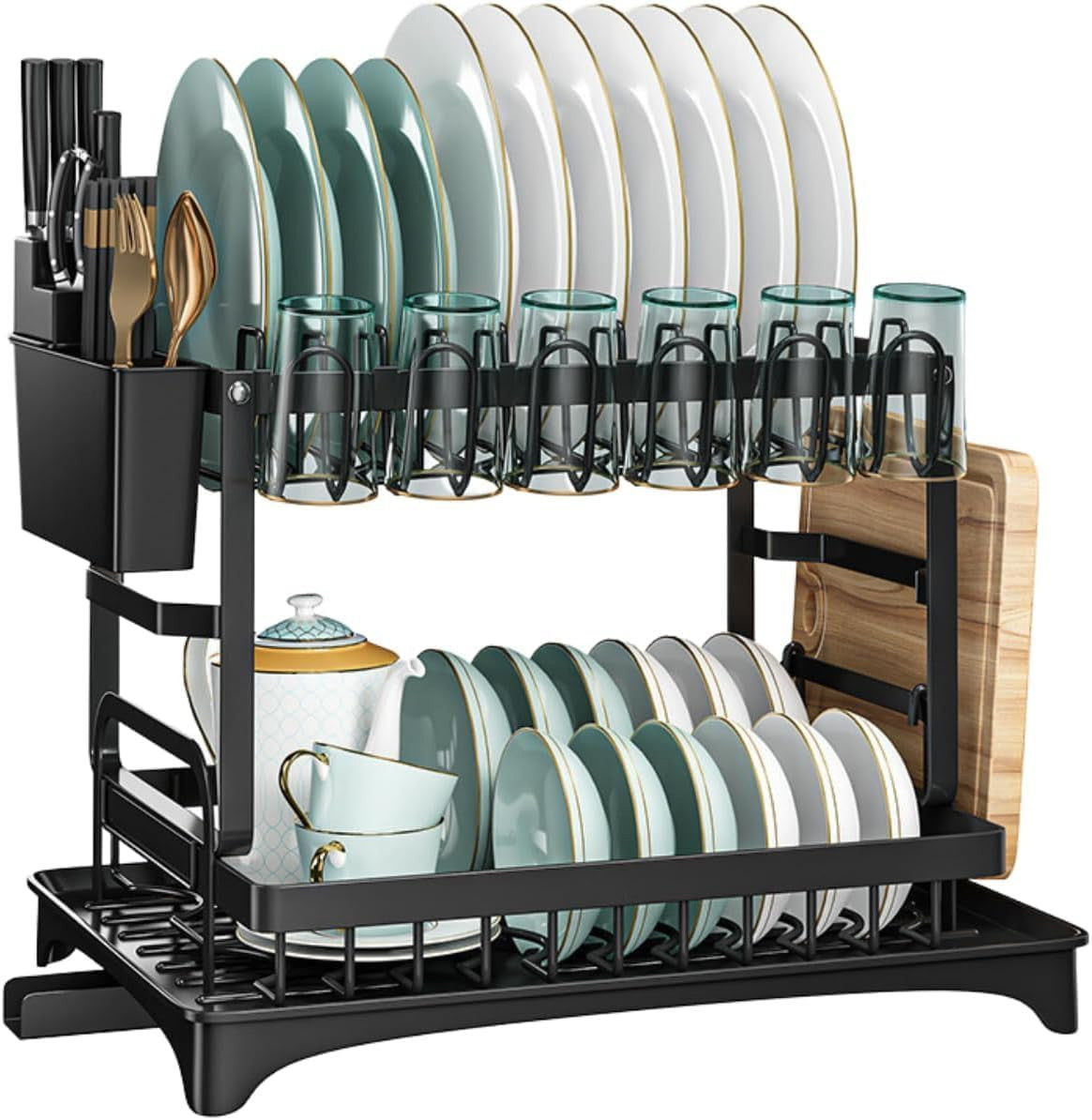 Сушарка для посуду з автозливом, 2-х ярусна, 42х30х29см / Кухонна сушарка для посуду настільна
