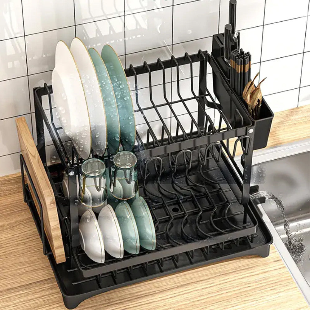 Сушарка для посуду з автозливом, 2-х ярусна, 42х30х29см / Кухонна сушарка для посуду настільна