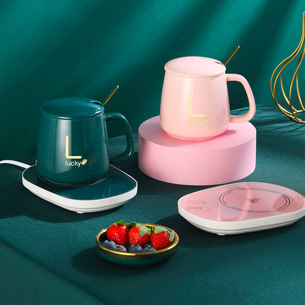 Чашка 400мл на підставці з підігрівом до +55 °С, Рожева / Чашка керамічна з ложкою в подарунковій упаковці