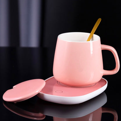 Чашка 400мл на підставці з підігрівом до +55 °С, Рожева / Чашка керамічна з ложкою в подарунковій упаковці