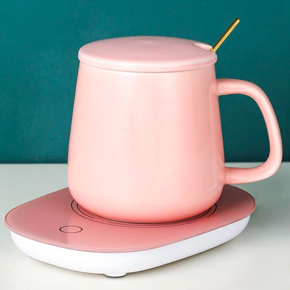 Чашка 400мл на підставці з підігрівом до +55 °С, Рожева / Чашка керамічна з ложкою в подарунковій упаковці