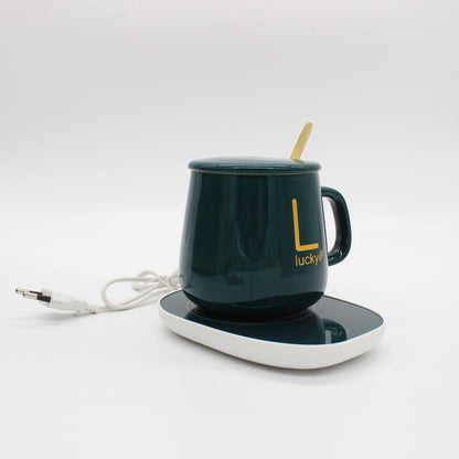 Чашка 400мл на підставці з підігрівом до +55 °С, Зелена / Чашка керамічна з ложкою в подарунковій упаковці