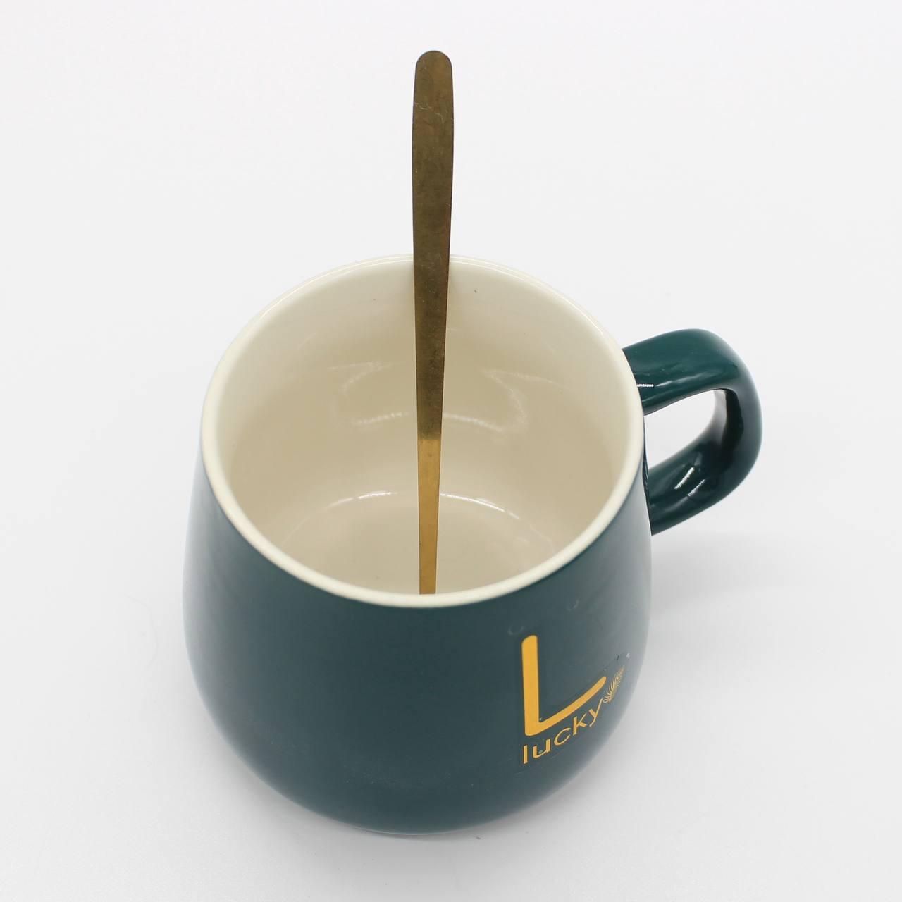 Чашка 400мл на підставці з підігрівом до +55 °С, Зелена / Чашка керамічна з ложкою в подарунковій упаковці