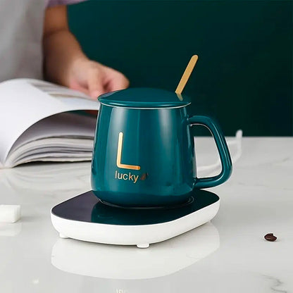 Чашка 400мл на підставці з підігрівом до +55 °С, Зелена / Чашка керамічна з ложкою в подарунковій упаковці